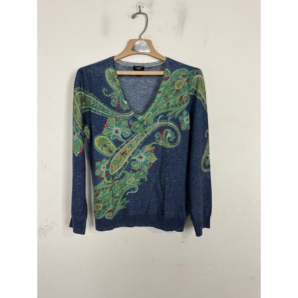 Talbots Petites Blue Paisley Merino Wool V-Neck Sweater Large L CN115 07/10